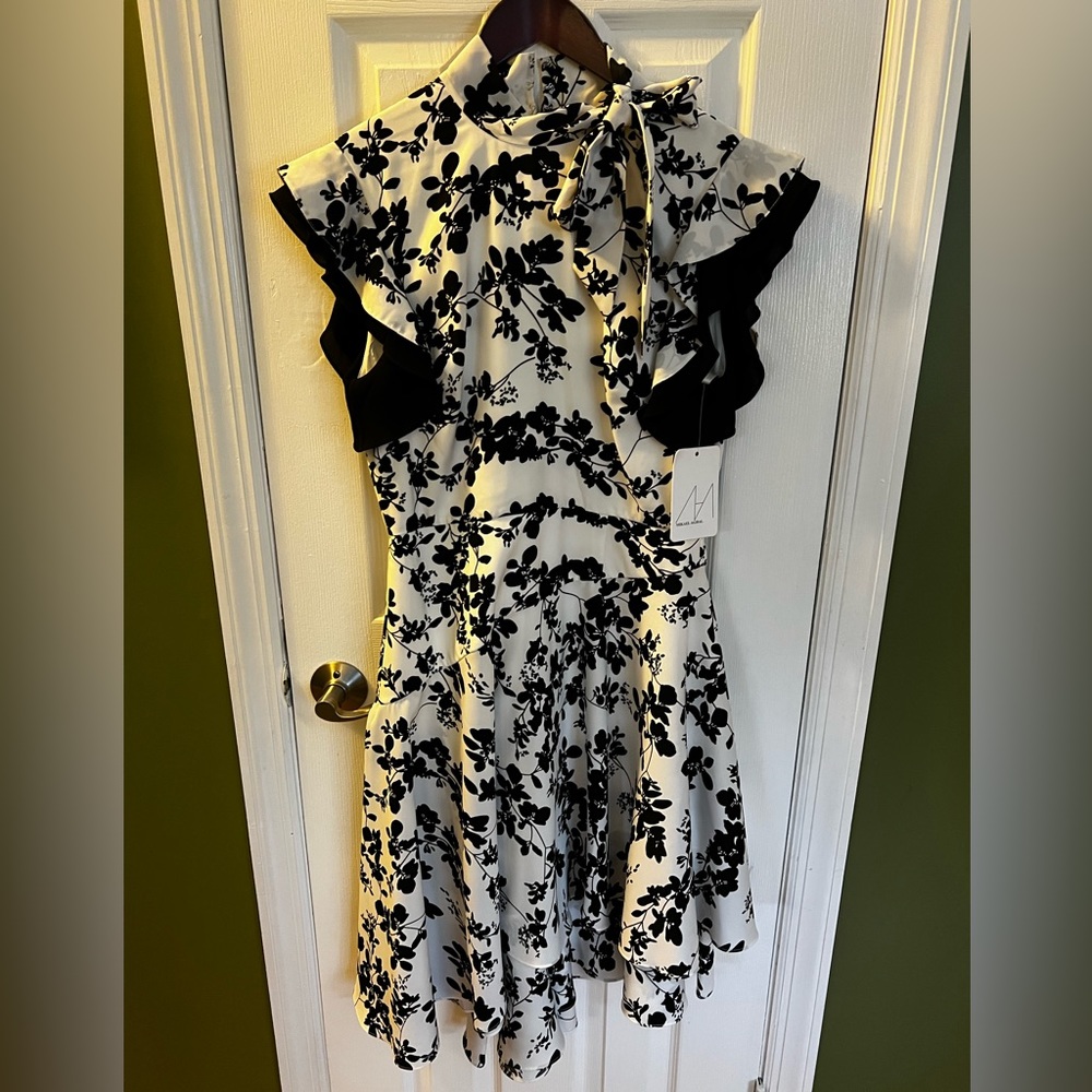 NWT Mikael Aghal asymmetrical black and white dress fully lined size 6